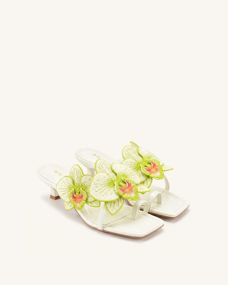 Serena Sandaletten mit Orchideen-Stickerei und Zehenring - Elfenbein-Grün