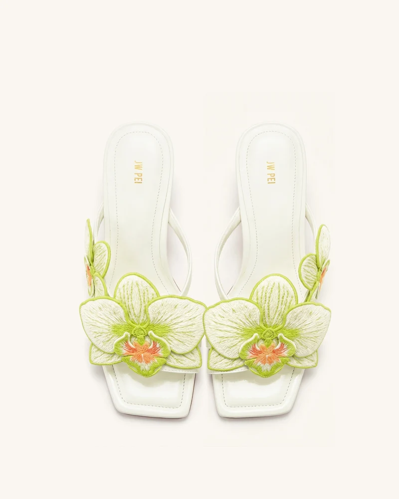 Serena Sandaletten mit Orchideen-Stickerei und Zehenring - Elfenbein-Grün