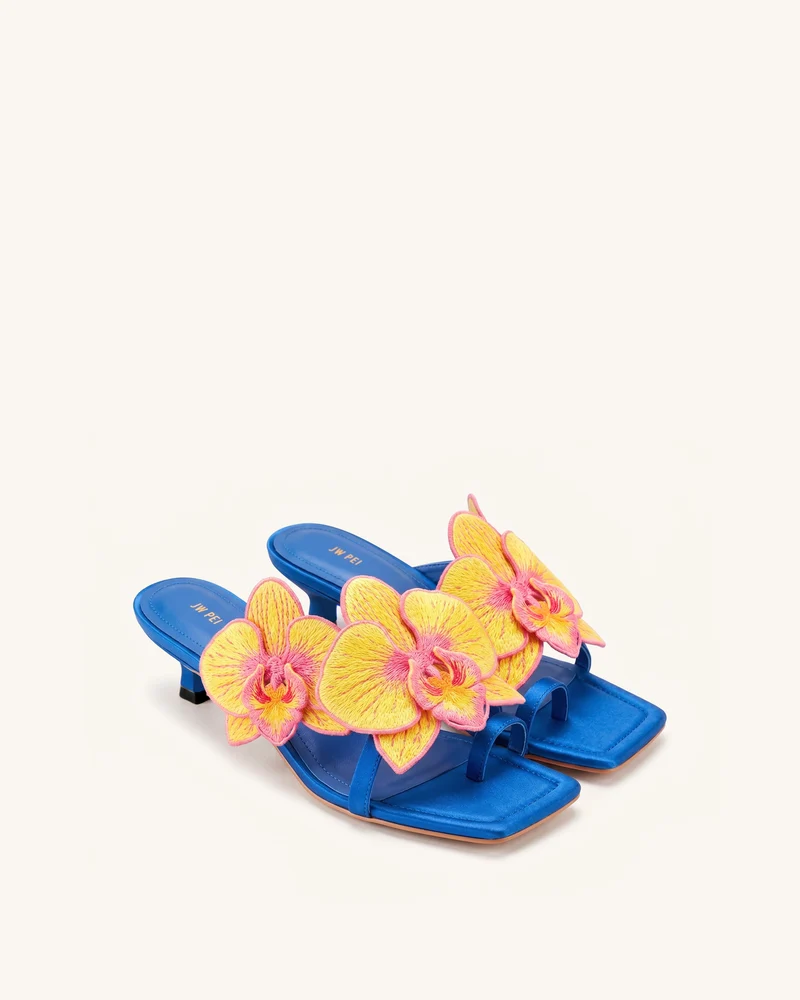 Serena Sandaletten mit Orchideen-Stickerei und Zehenring - Royalblau