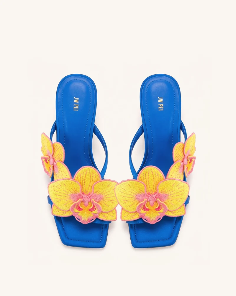 Serena Sandaletten mit Orchideen-Stickerei und Zehenring - Royalblau