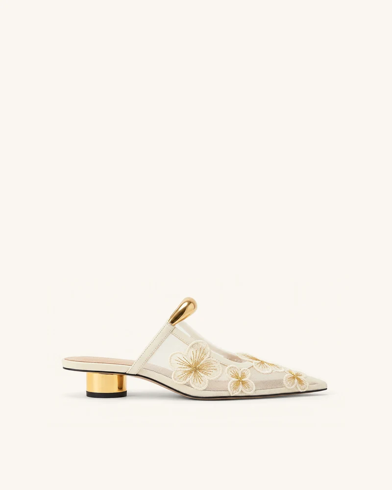 Helena Florale Mesh-Mules mit Durchbrüchen - Elfenbein
