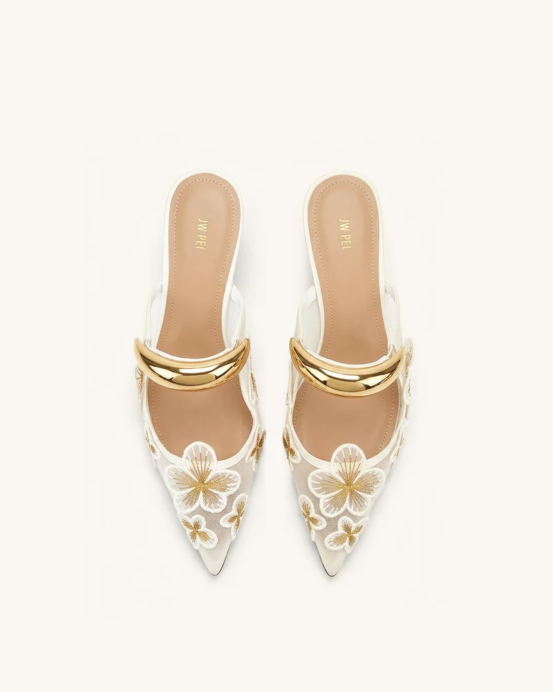 Helena Florale Mesh-Mules mit Durchbrüchen - Elfenbein