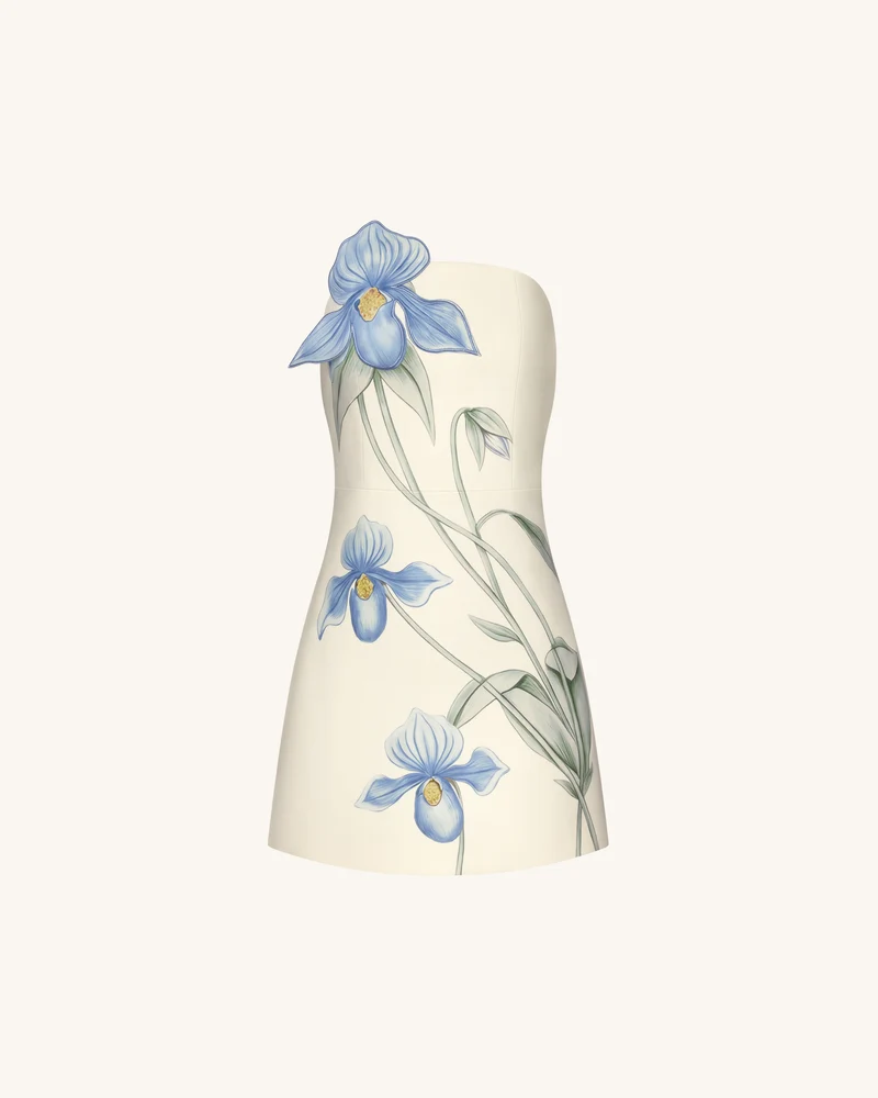 Frauenschuh-Orchideen-Applikations-Minikleid - Elfenbein/Blau