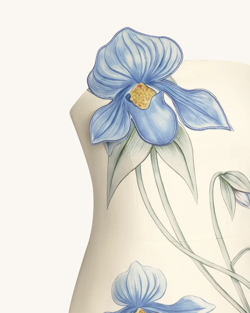 Frauenschuh-Orchideen-Applikations-Minikleid - Elfenbein/Blau
