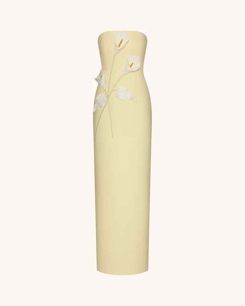 Trägerloses Kleid mit Blumenapplikationen - Gelb