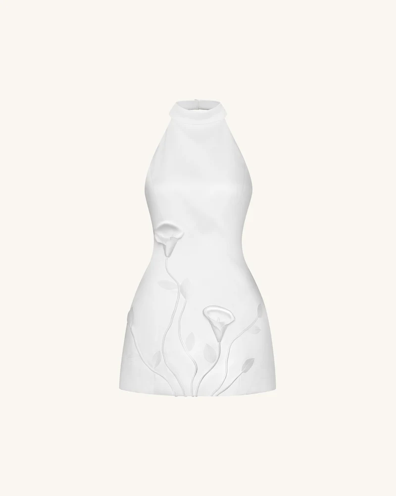 Florales 3D-Neckholder-Minikleid - Weiß