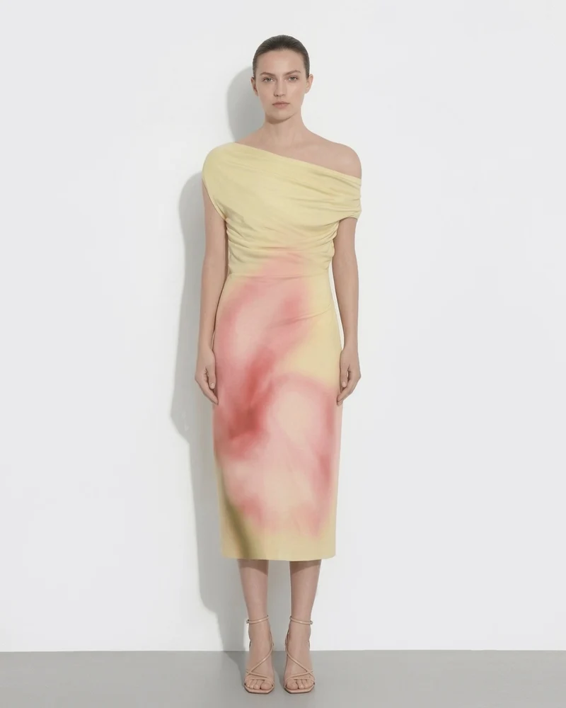 Asymmetrisches One-Shoulder-Midikleid mit Aquarell-Blumenmuster - Gelb
