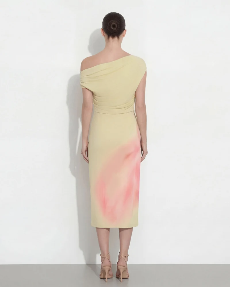 Asymmetrisches One-Shoulder-Midikleid mit Aquarell-Blumenmuster - Gelb