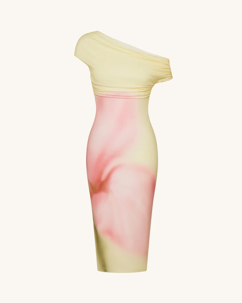 Asymmetrisches One-Shoulder-Midikleid mit Aquarell-Blumenmuster - Gelb