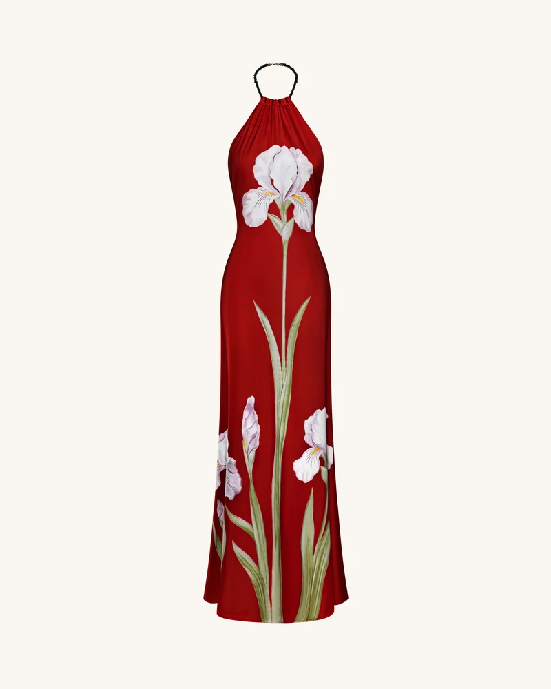 Neckholder-Maxikleid mit Iris-Blumenprint - Rubinrot