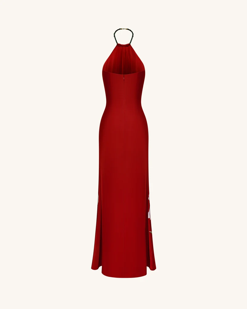 Neckholder-Maxikleid mit Iris-Blumenprint - Rubinrot