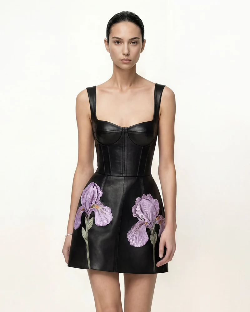 Korsettkleid mit Iris-Blumenprint – Schwarz