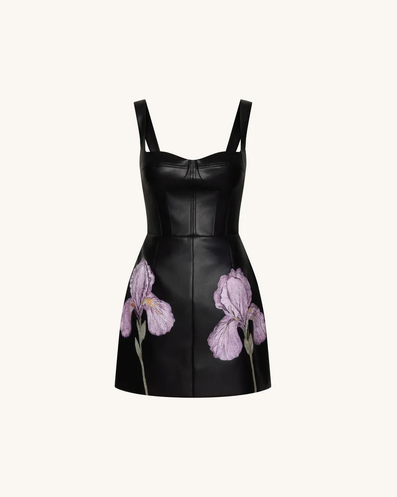 Korsettkleid mit Iris-Blumenprint – Schwarz