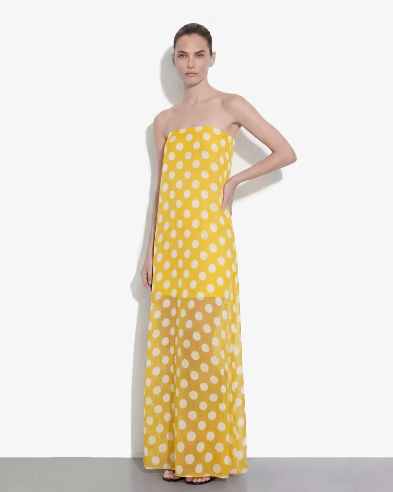 Trägerloses Maxikleid mit Polka-Dots - Gelb