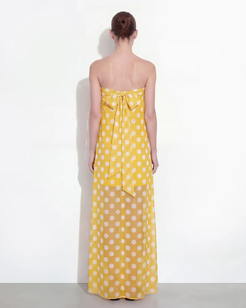 Trägerloses Maxikleid mit Polka-Dots - Gelb