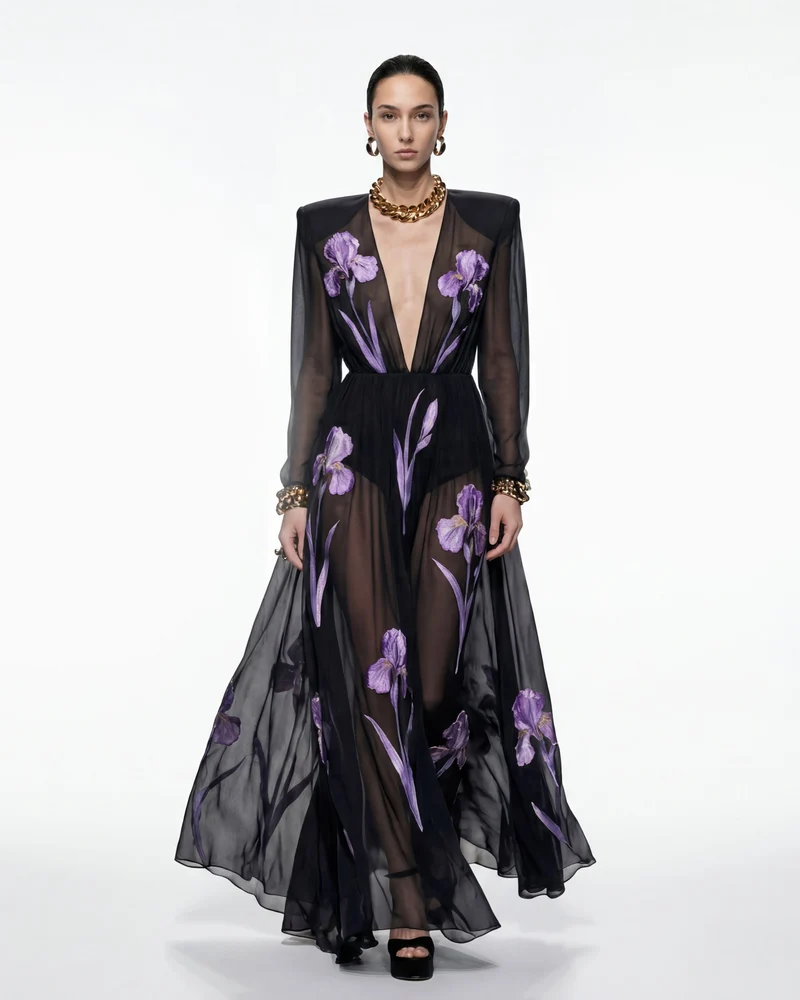 Transparentes langärmeliges Abendkleid mit Iris-Blumenprint - Schwarz/Lila