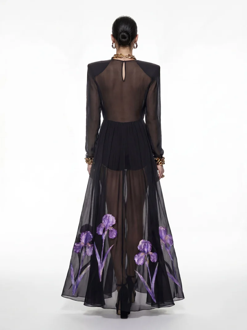 Transparentes langärmeliges Abendkleid mit Iris-Blumenprint - Schwarz/Lila
