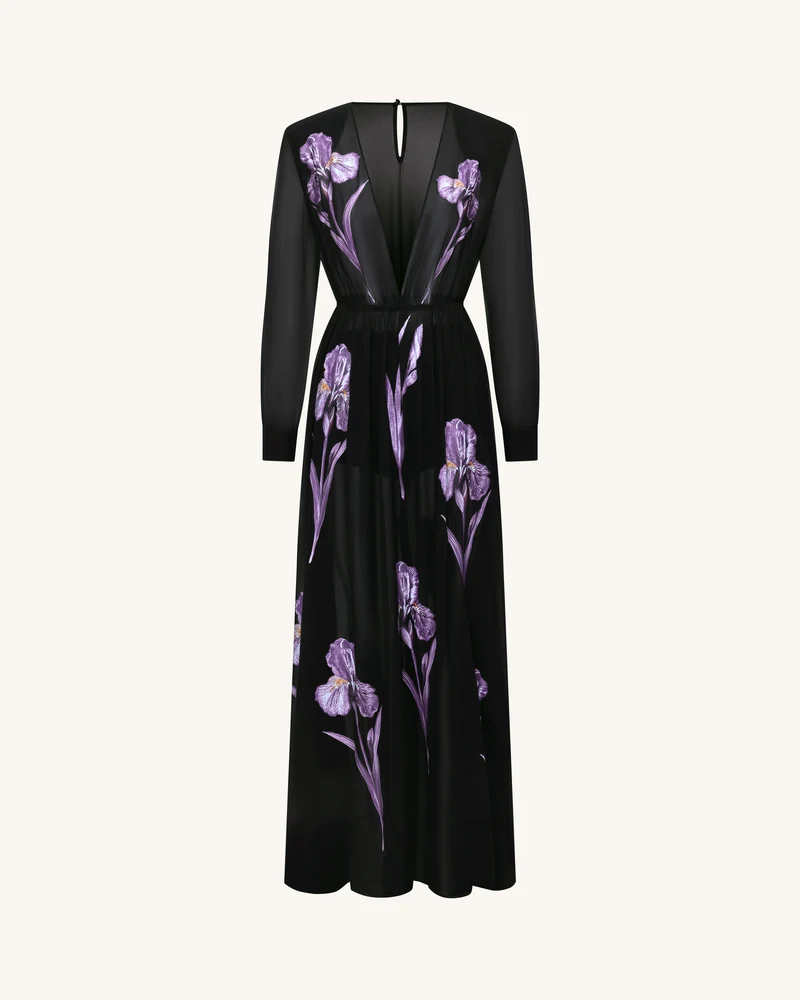 Transparentes langärmeliges Abendkleid mit Iris-Blumenprint - Schwarz/Lila