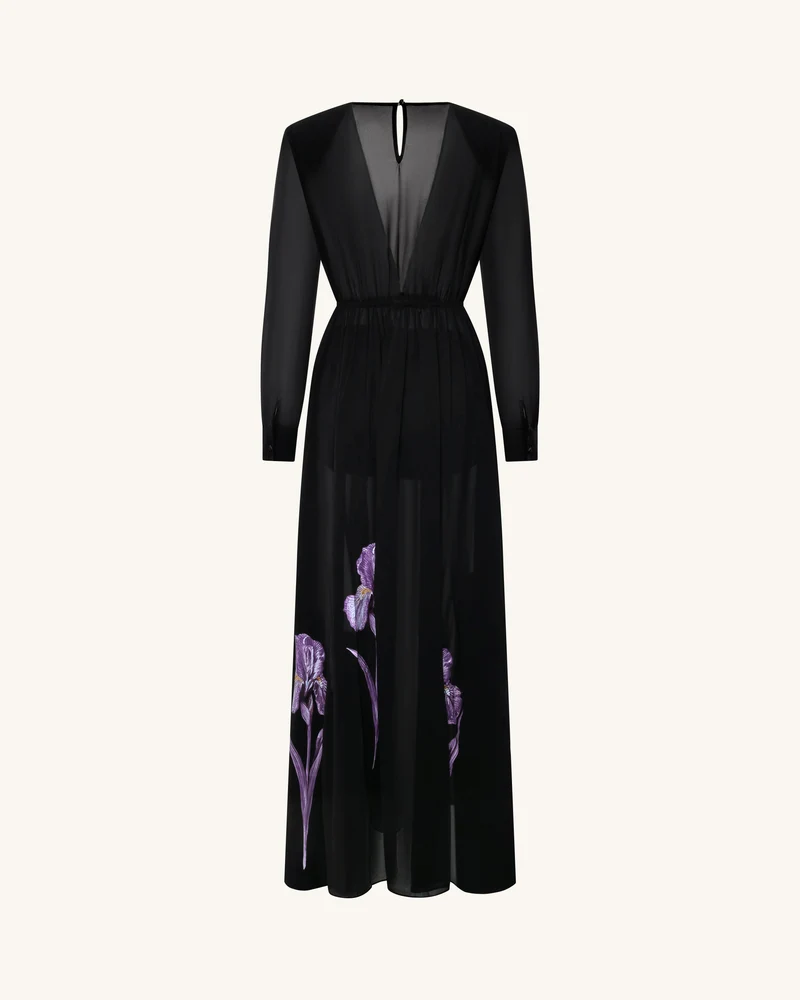 Transparentes langärmeliges Abendkleid mit Iris-Blumenprint - Schwarz/Lila