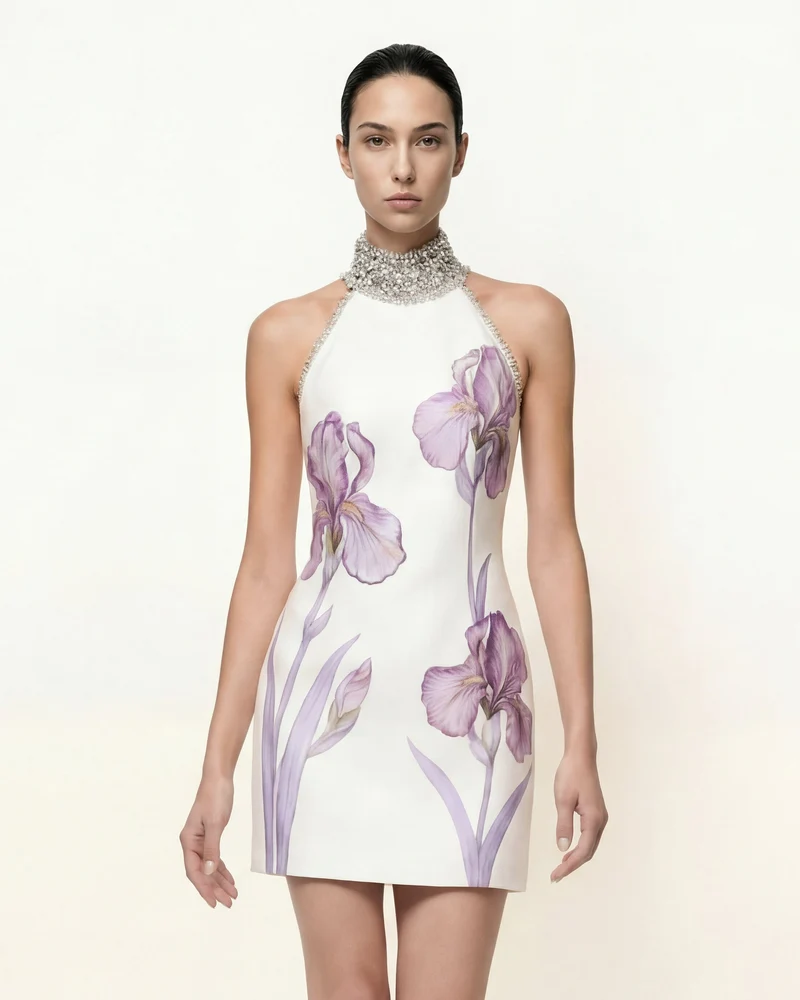 Neckholder-Kleid mit Schmucksteinen und Iris-Motiv - Weiß