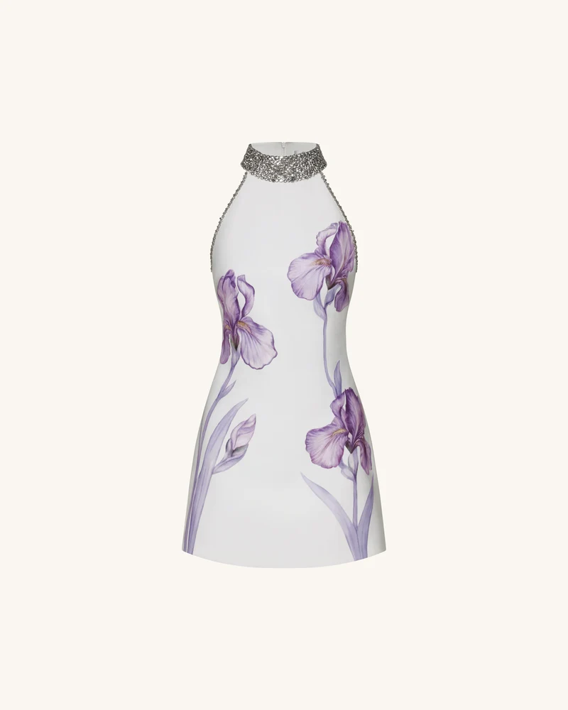 Neckholder-Kleid mit Schmucksteinen und Iris-Motiv - Weiß