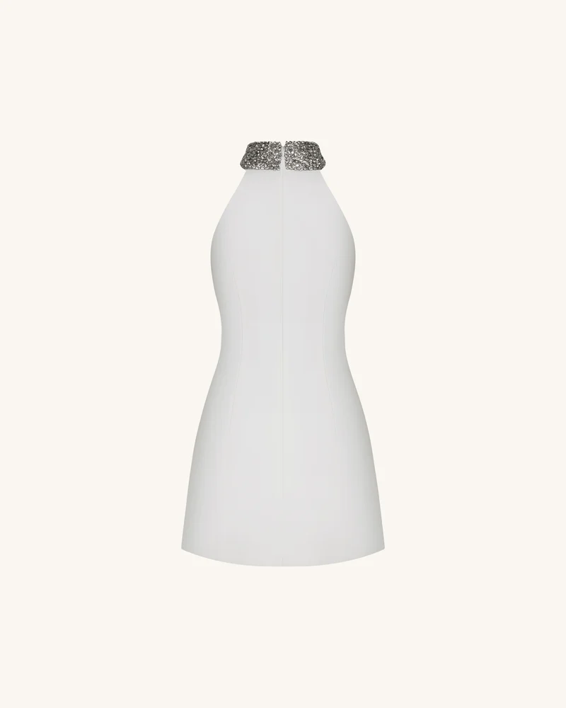 Neckholder-Kleid mit Schmucksteinen und Iris-Motiv - Weiß