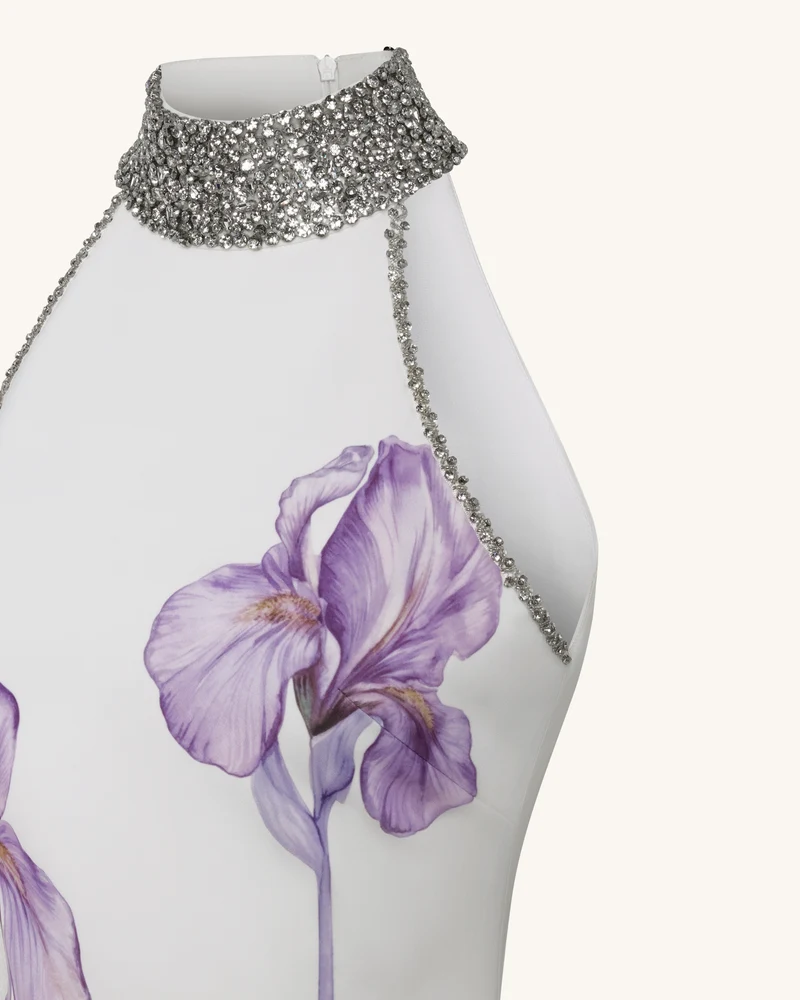 Neckholder-Kleid mit Schmucksteinen und Iris-Motiv - Weiß