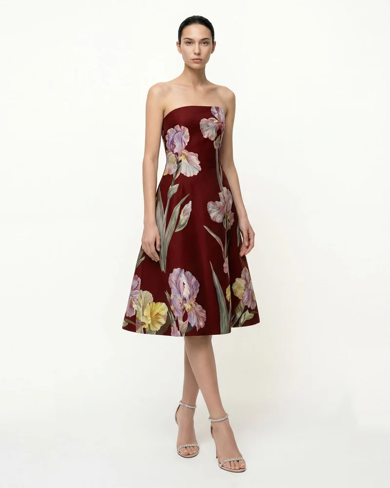 Trägerloses A-Linien-Kleid mit Iris-Blumenprint - Burgunderrot