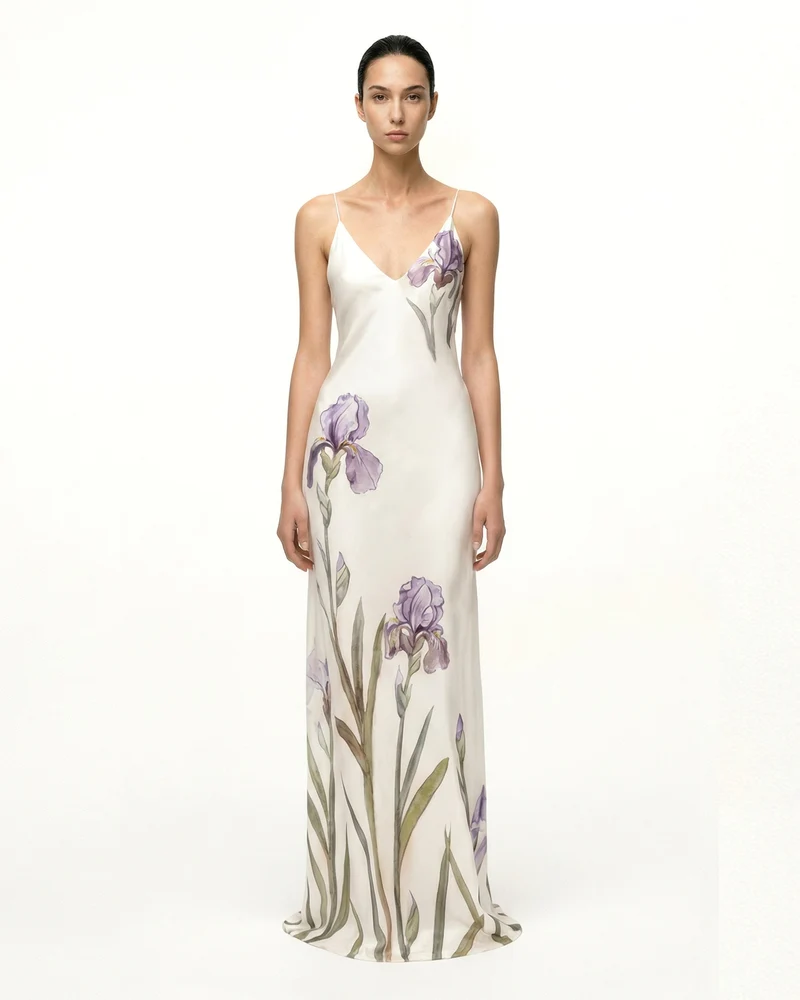 Satin-Slip-Kleid mit Iris-Motiv - Weiß