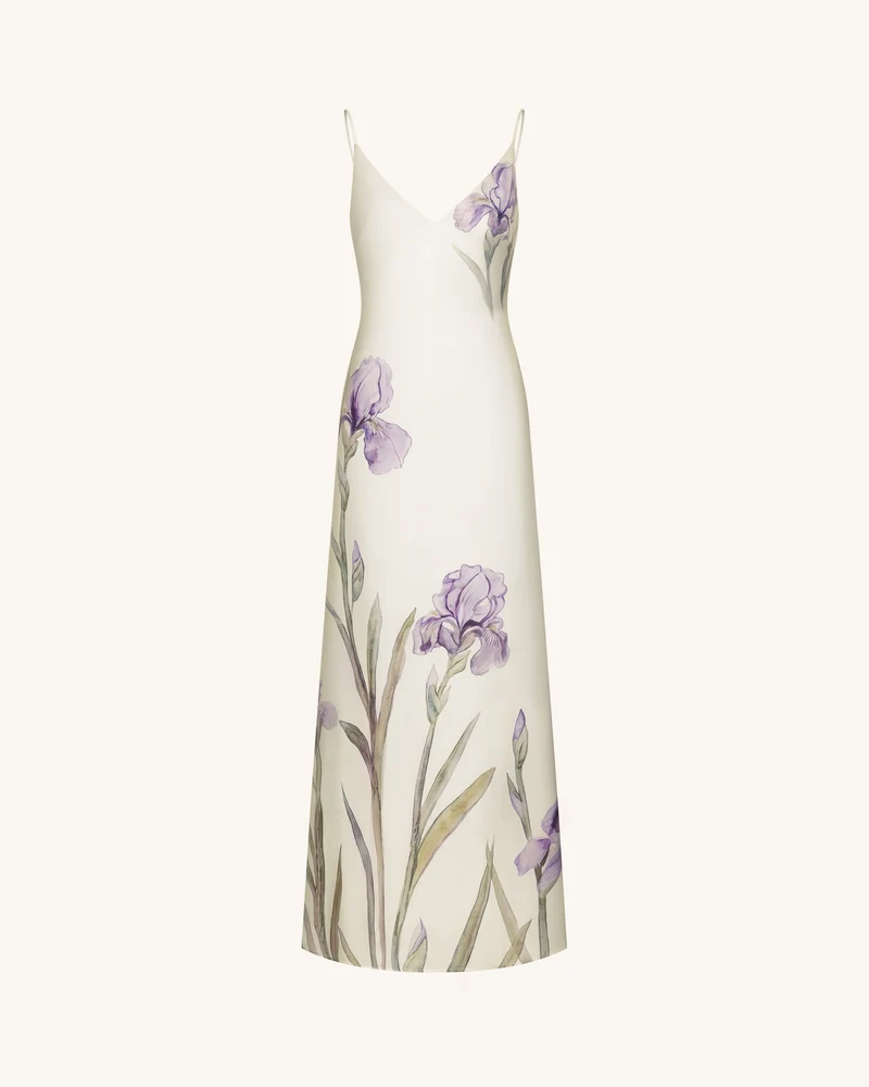 Satin-Slip-Kleid mit Iris-Motiv - Weiß