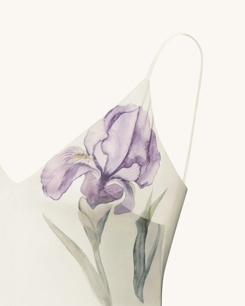 Satin-Slip-Kleid mit Iris-Motiv - Weiß