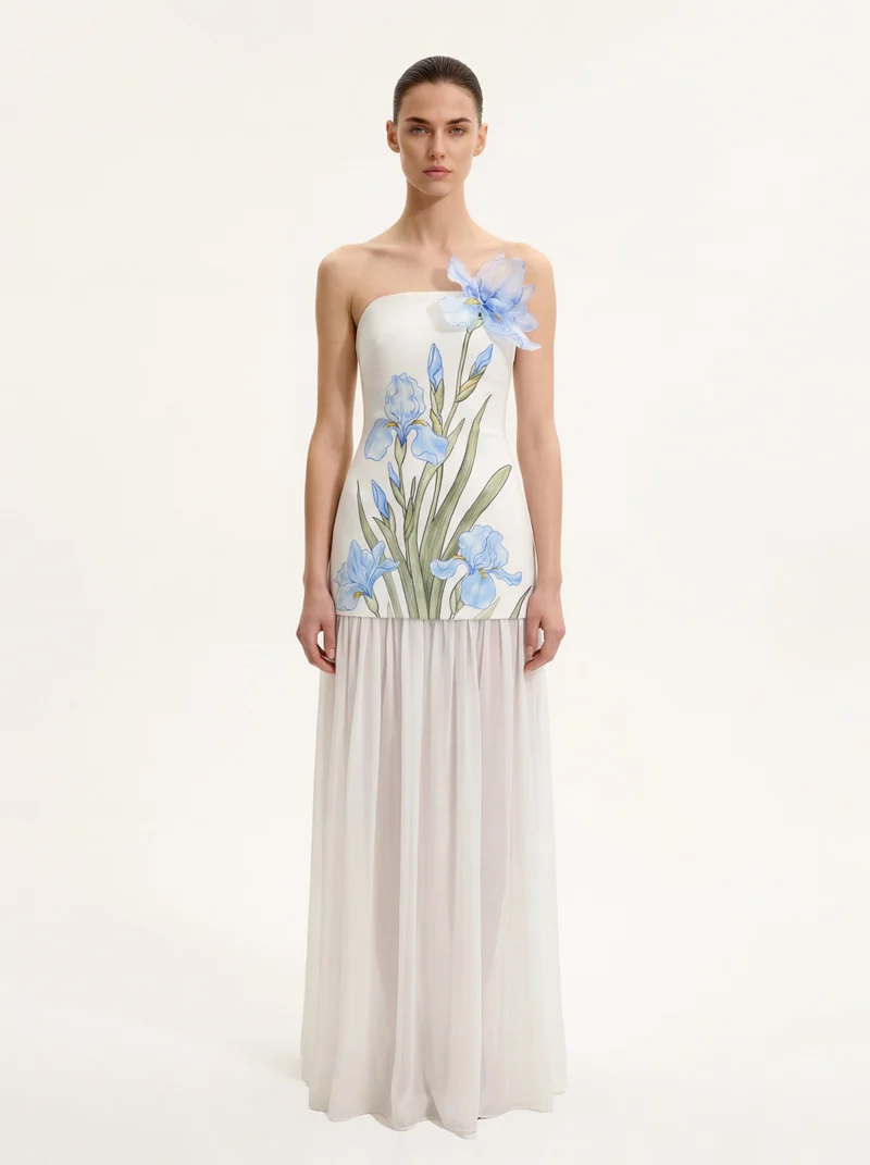 Trägerloses Maxikleid mit Blumenmuster-Mix - Elfenbein