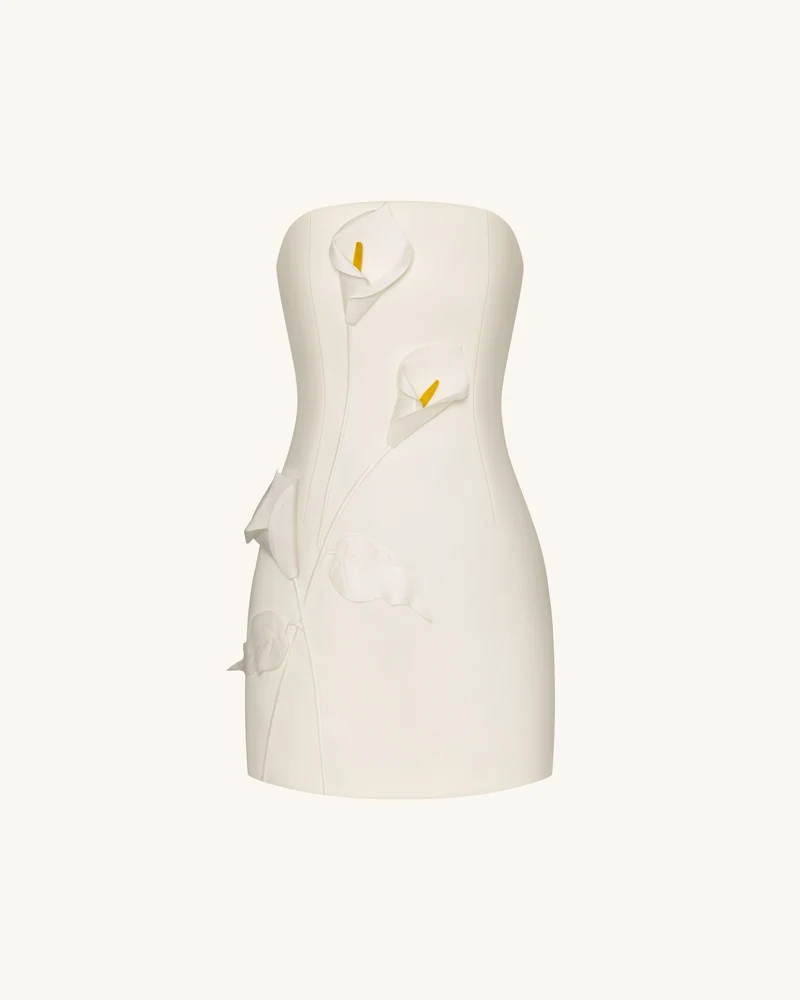 Trägerloses Kleid mit Blumen-Applikationen - Weiß