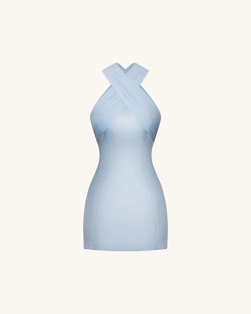 Satin-Minikleid mit Tüll-Kreuzträger - Blau