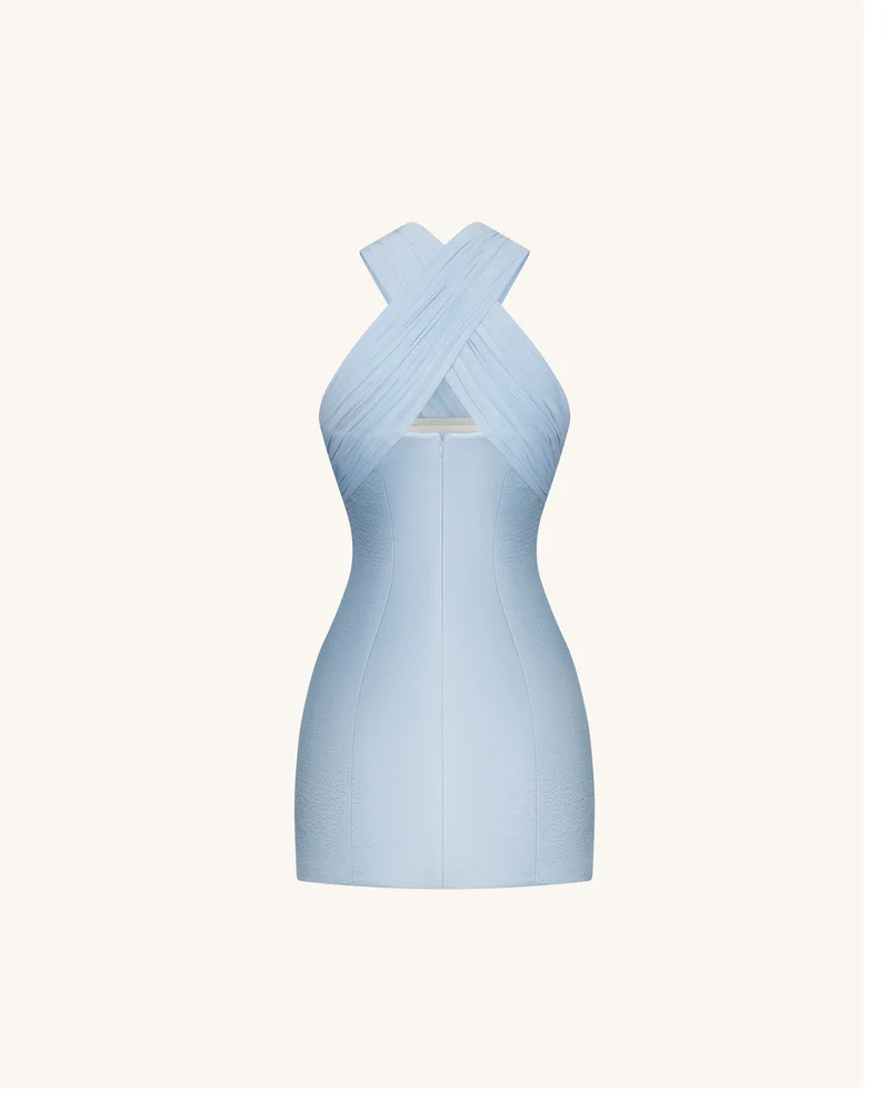 Satin-Minikleid mit Tüll-Kreuzträger - Blau