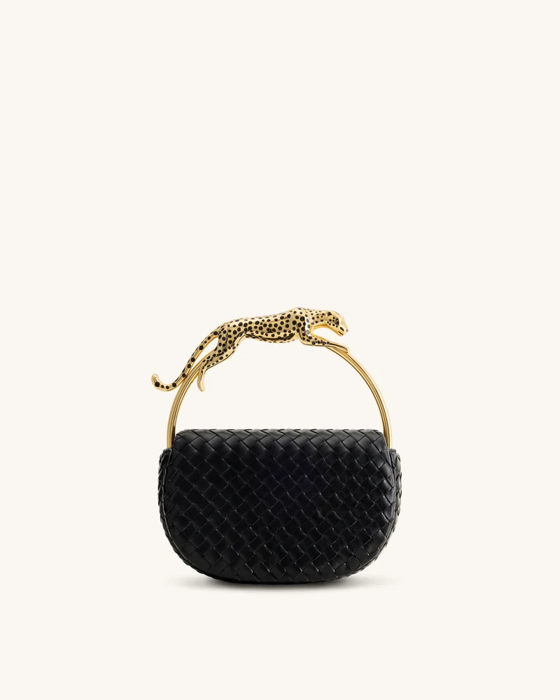 Ione Geflochtene Henkeltasche mit Leopardenform-Hardware-Griff - Schwarz