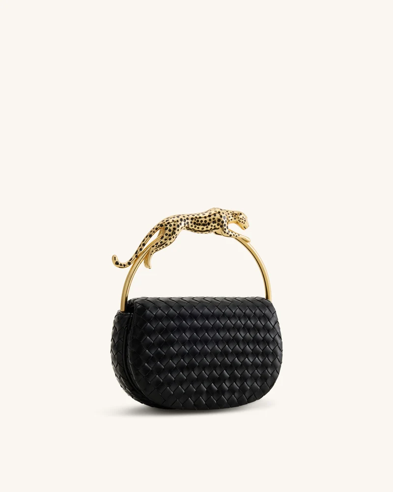 Ione Geflochtene Henkeltasche mit Leopardenform-Hardware-Griff - Schwarz