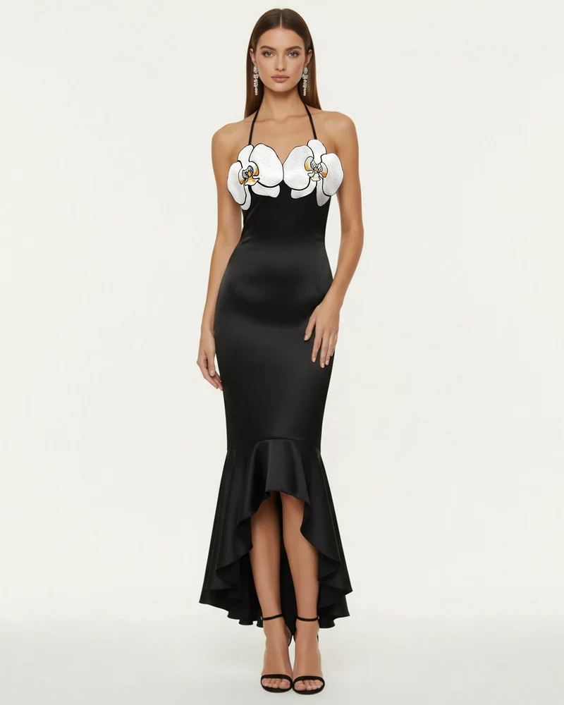 High-Low Midi-Kleid mit Orchideen-Stickerei - Schwarz