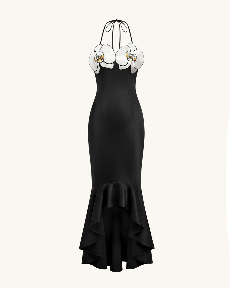 High-Low Midi-Kleid mit Orchideen-Stickerei - Schwarz
