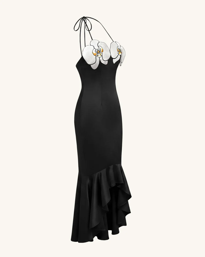 High-Low Midi-Kleid mit Orchideen-Stickerei - Schwarz