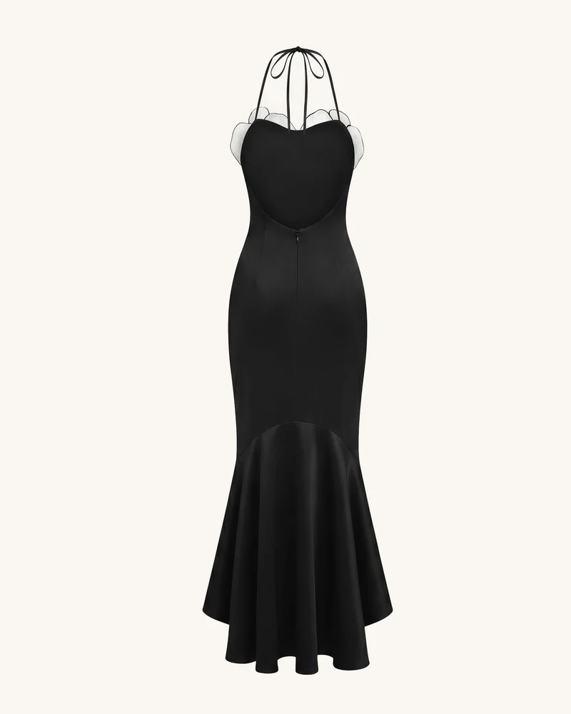 High-Low Midi-Kleid mit Orchideen-Stickerei - Schwarz