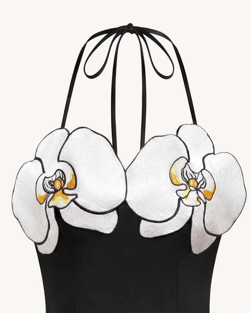 High-Low Midi-Kleid mit Orchideen-Stickerei - Schwarz