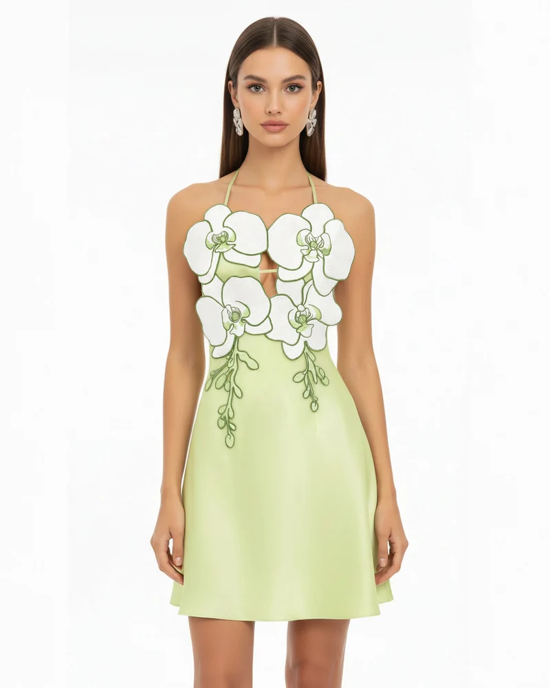 Neckholder-Mini-Kleid mit Orchideen-Stickerei - Hellgrün