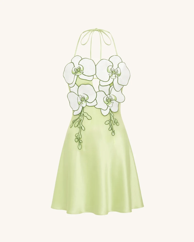 Neckholder-Mini-Kleid mit Orchideen-Stickerei - Hellgrün