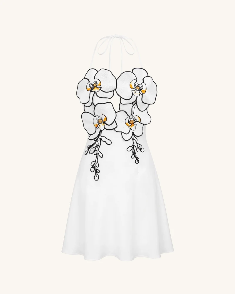 Neckholder-Mini-Kleid mit Orchideen-Stickerei - Weiß