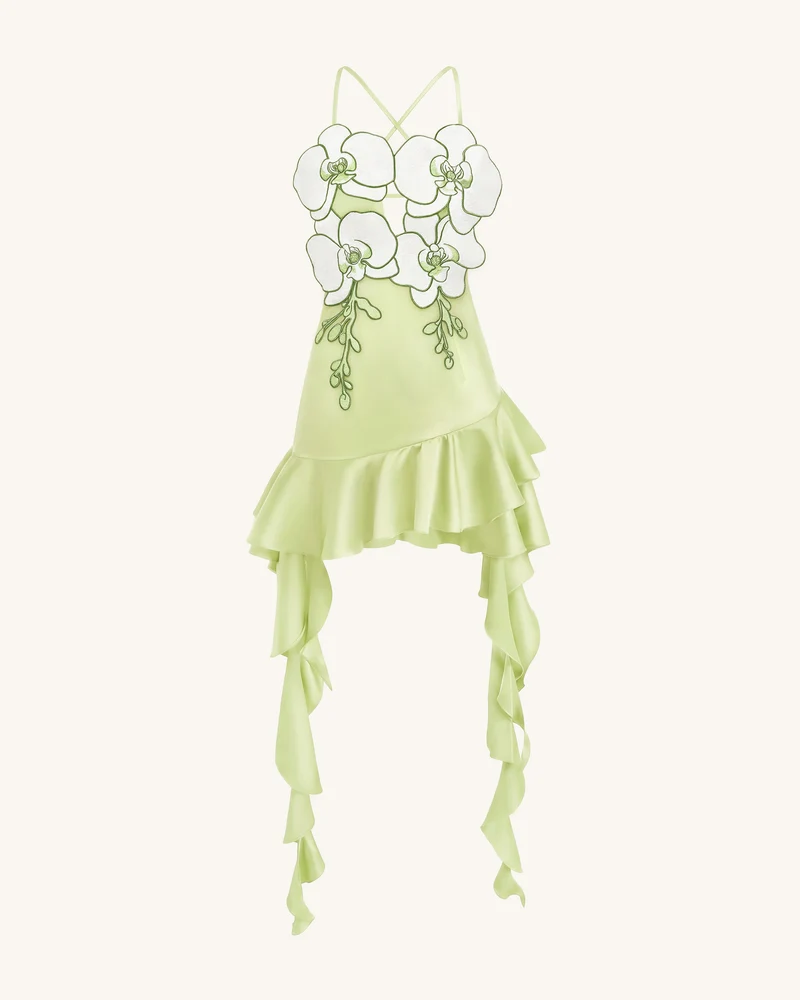 Mini-Kleid mit Orchideen-Stickerei und Rüschensaum - Hellgrün