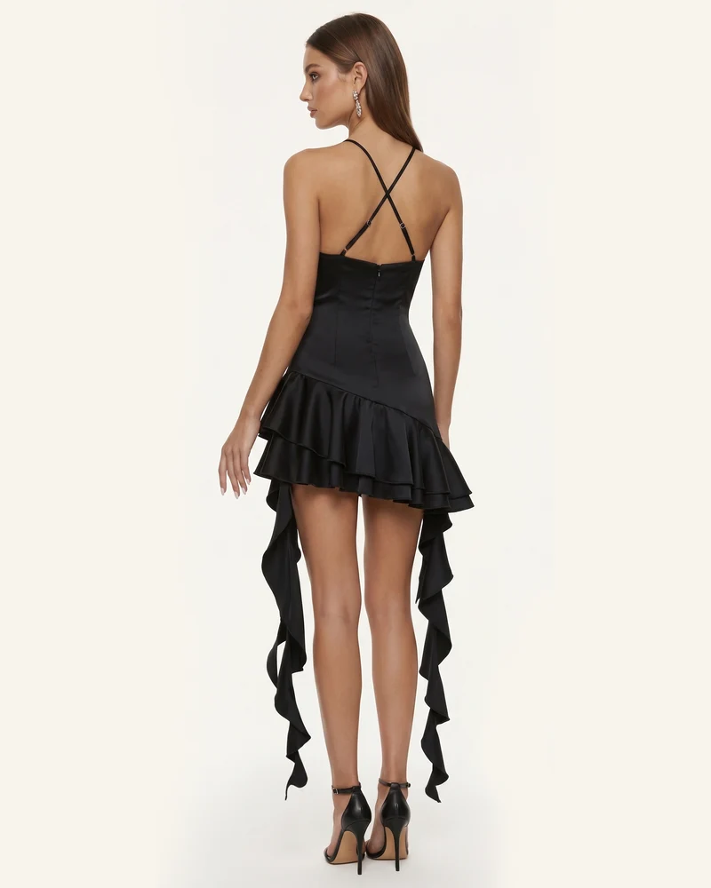 Mini-Kleid mit Orchideen-Stickerei und Rüschensaum - Schwarz
