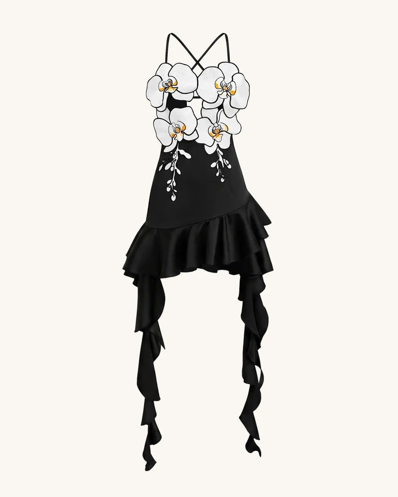 Mini-Kleid mit Orchideen-Stickerei und Rüschensaum - Schwarz