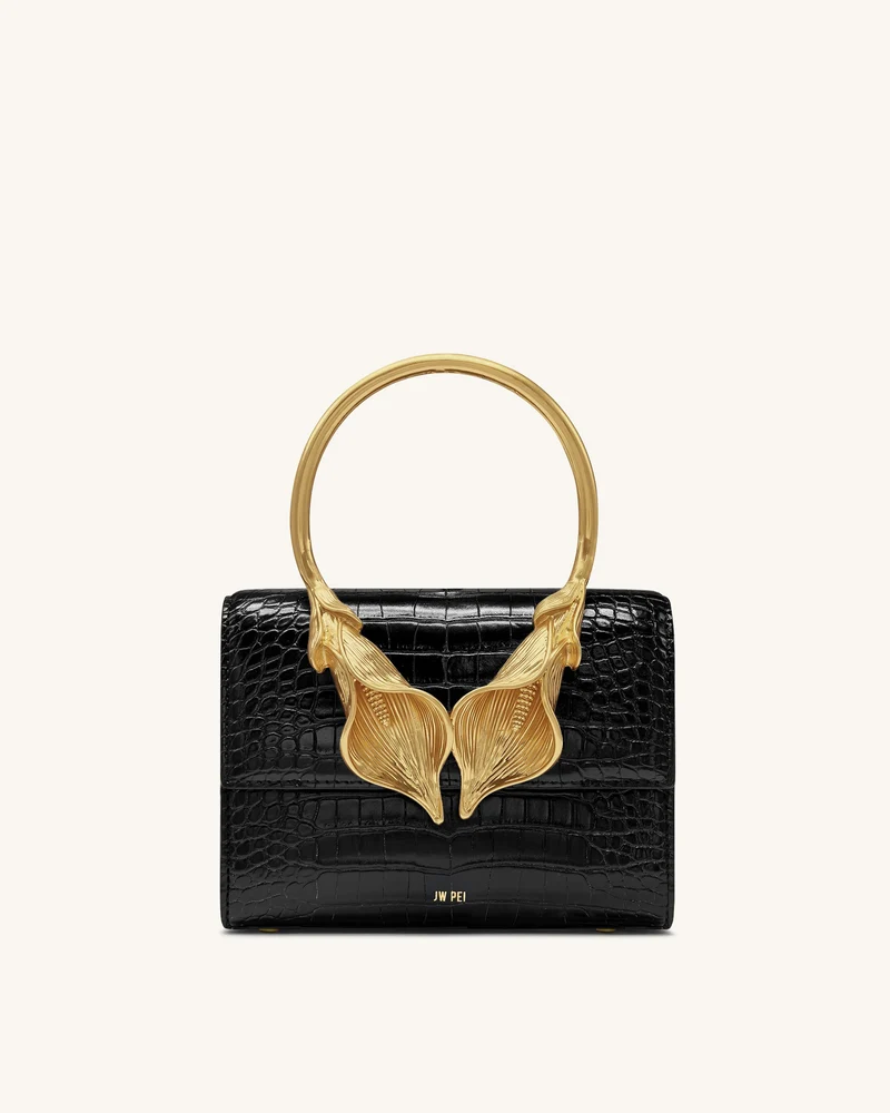 Astrid Calla-Lilie Metal-Henkel Handtasche - Schwarzer Krokoprägung