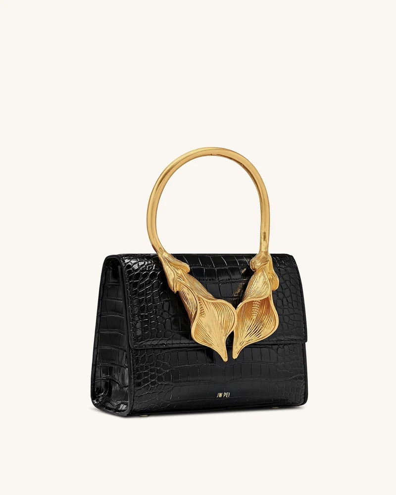 Astrid Calla-Lilie Metal-Henkel Handtasche - Schwarzer Krokoprägung